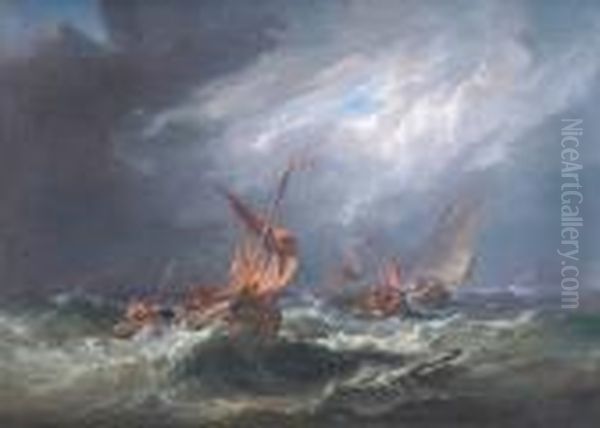 Fishing Vessles In A Rough Sea Oil Painting by John Moore Of Ipswich