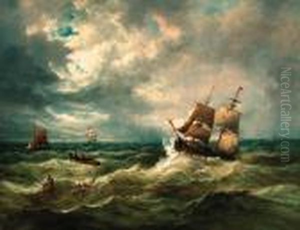 A Trading Brig In A Heavy Swell Running Down The Coast Oil Painting by John Moore Of Ipswich