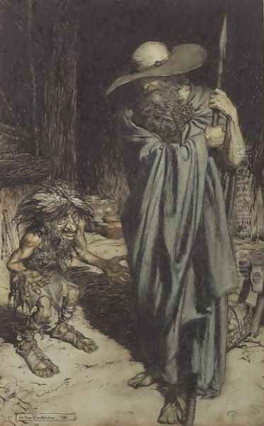 Dwarf and Wotan, from Wagners Ring of the Niebelungen, 1911 Oil Painting by Arthur Rackham