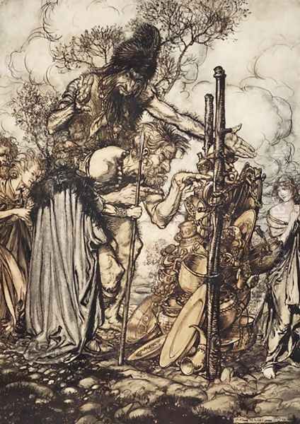 Fafner Hey Come hither, And stop me this cranny, illustration from The Rhinegold and the Valkyrie, 1910 Oil Painting by Arthur Rackham