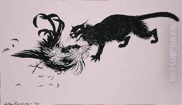 The Cat and the Cock, illustration from Aesops Fables, published by Heinemann, 1912 Oil Painting by Arthur Rackham