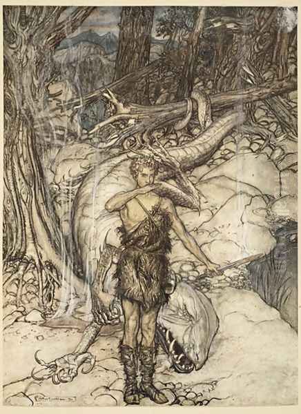 The hot blood burns like fire, illustration from Siegfried and the Twilight of the Gods, 1924 Oil Painting by Arthur Rackham