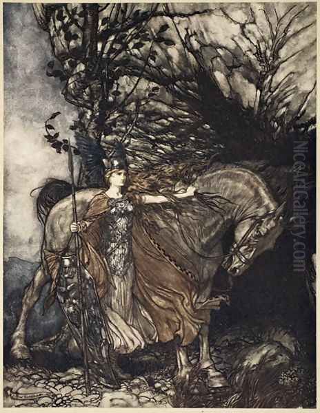 Brunnhilde with her horse at the mouth of the cave, illustration from The Rhinegold and the Valkyrie, 1910 Oil Painting by Arthur Rackham