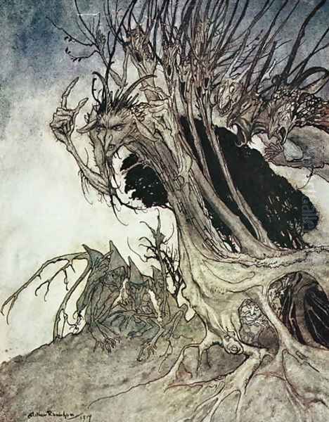 Calling shapes and beckoning shadows dire, from Comus by Milton, 1914 Oil Painting by Arthur Rackham