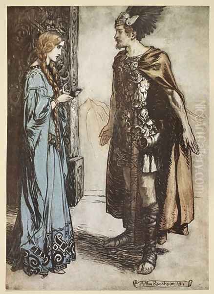 Siegfried hands the drinking horn back to Gutrune, and gazes at her with sudden passion, illustration from Siegfried and the Twilight of the Gods, 1924 Oil Painting by Arthur Rackham