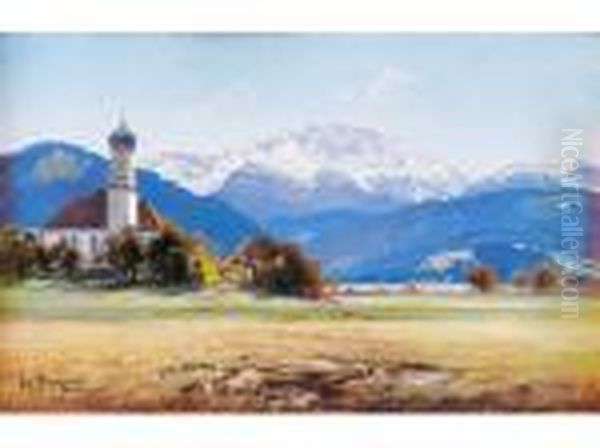 Oberbayerische Landschaft Mit Dorfkirchevor Verschneiten Bergen Oil Painting by Willy Moralt