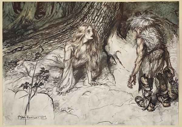 Mime finds the mother of Siegfried in the forest, illustration from Siegfried and the Twilight of the Gods, 1924 Oil Painting by Arthur Rackham