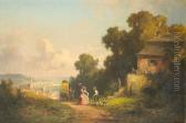 Figures And A Carriage On A Path With Avillage Beyond Oil Painting by Willy Moralt