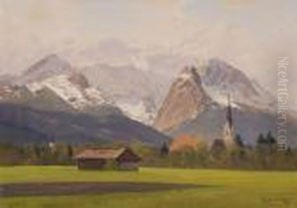 Blick Auf Garmisch Und Das Wettersteingebirge Oil Painting by Willy Moralt