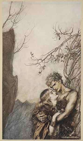 Brunnhilde throws herself into Siegfrieds arms, illustration from Siegfried and the Twilight of the Gods, 1924 Oil Painting by Arthur Rackham