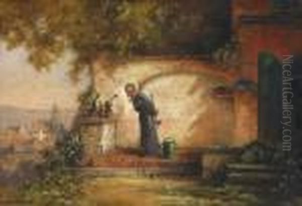 The Cactus-friend. An Elderly 
Gentleman On His Veranda, Talking To His Plants. Signed Lower Left: 
Willy Moralt Mchen Oil Painting by Willy Moralt