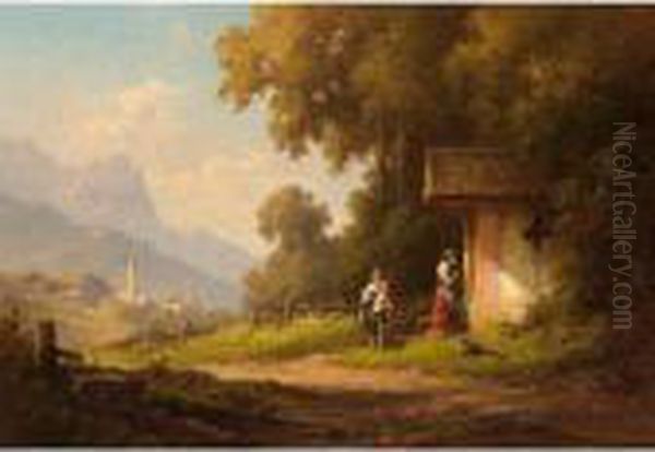 Figures Praying At A Road-side Chapel Oil Painting by Willy Moralt