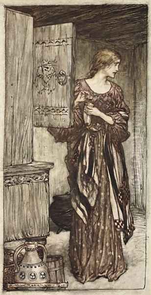 Sieglinde prepares Hundings draught for the night, illustration from The Rhinegold and the Valkyrie, 1910 Oil Painting by Arthur Rackham