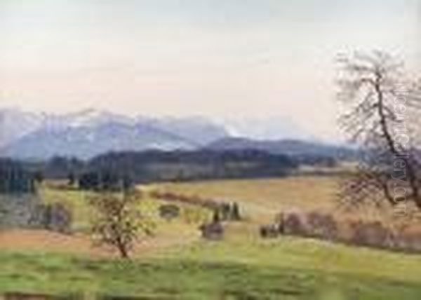 Vorgebirgslandschaft Mit Blick Auf
 Die Zugspitze. Oil Painting by Willy Moralt