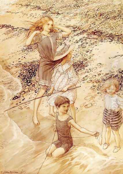 Children By The Sea Oil Painting by Arthur Rackham