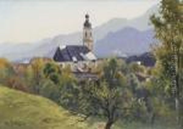 Blick Auf Lenggries. Oil Painting by Willy Moralt