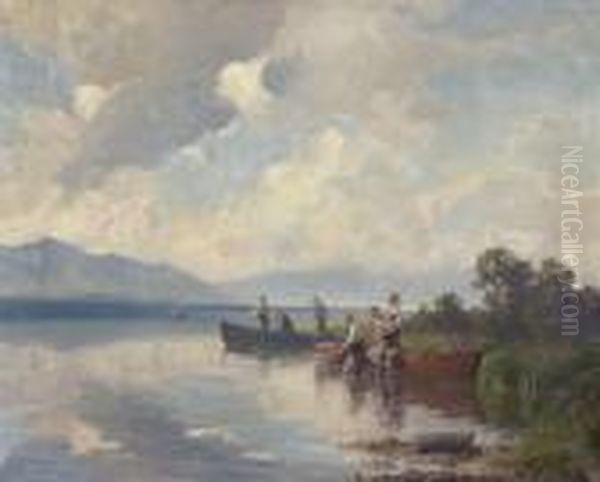 Fischer Beim Einholen Der Netze Am
 Ufer Des Chiemsees. Oil Painting by Willy Moralt