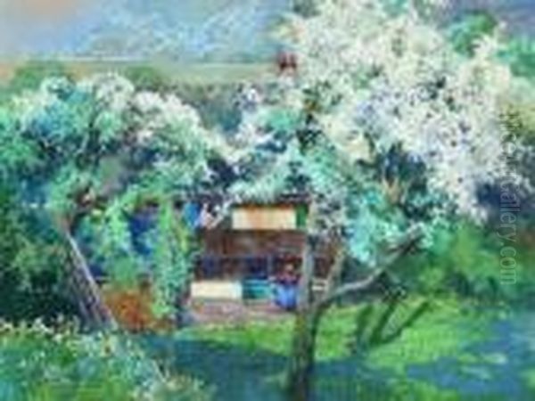 Bluhender Obstgarten. Oil Painting by Willy Moralt