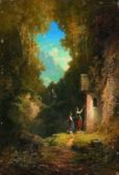 Zwei Dirndl Vor Der
 Waldkapelle. Oil Painting by Willy Moralt