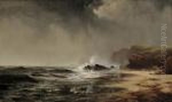 Waves Crashing On A Rocky Shore Oil Painting by Edward Moran