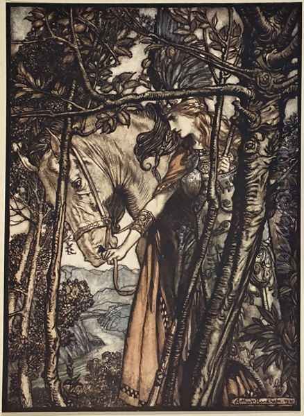 Brunnhilde slowly and silently leads her horse down the path to the cave, illustration from The Rhinegold and the Valkyrie, 1910 Oil Painting by Arthur Rackham