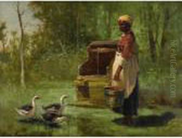 Well And Ducks Oil Painting by Edward Moran