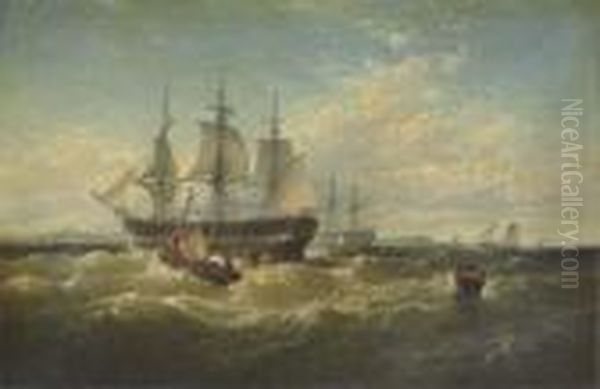 A Packet Ship Backing Sails In Outer Boston Harbor Oil Painting by Edward Moran