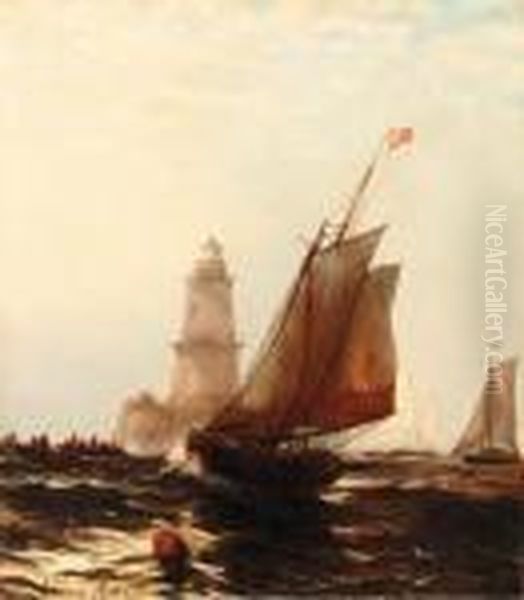 Fishing Boats By Robbins Reef Lighthouse Oil Painting by Edward Moran