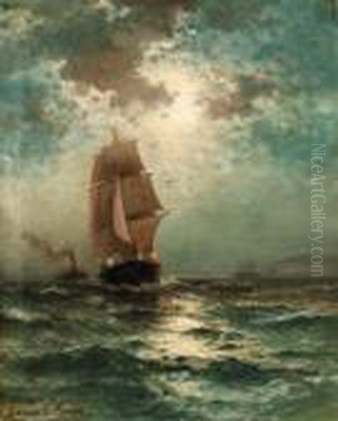 Square-rigged Shipping Vessel Sailing By Moonlight
Oil On Canvas Oil Painting by Edward Moran