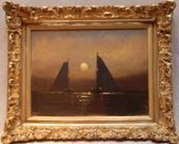 Sailboats On Moonlit Sea Oil Painting by Thomas Moran