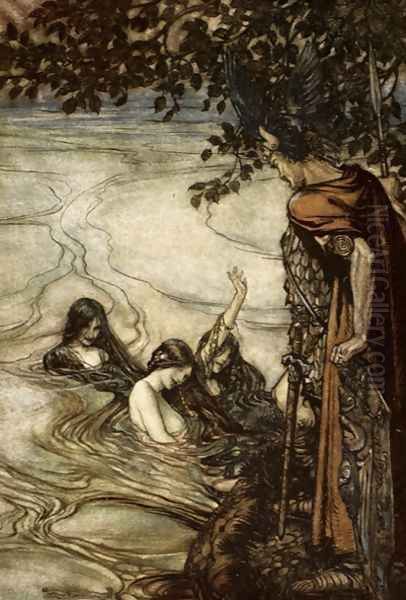 Though gaily ye may laugh, in grief ye shall be left. For mocking maids, this ring ye ask shall never be yours, illustration from Siegfried and the Twilight of the Gods, 1924 Oil Painting by Arthur Rackham