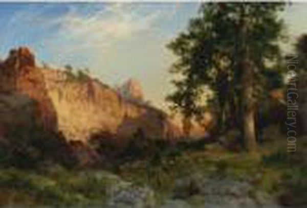 Coconino Pines And Cliff, Arizona Oil Painting by Thomas Moran