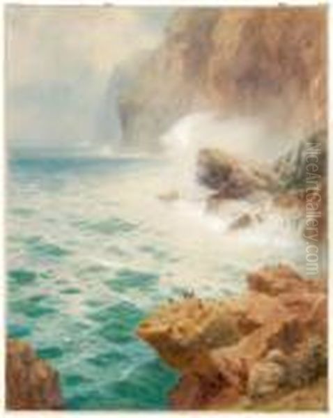 Rocky Coastal Scene With Birds Oil Painting by Thomas Moran