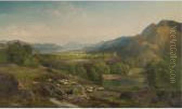 Shepherdess Watching Her Flock Oil Painting by Thomas Moran