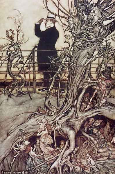 The Kensington Gardens are in London, where the King lives from Peter Pan in Kensington Gardens by J.M. Barrie, 1906 Oil Painting by Arthur Rackham