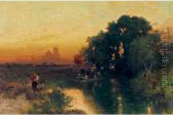 Mexican Sunset Oil Painting by Thomas Moran