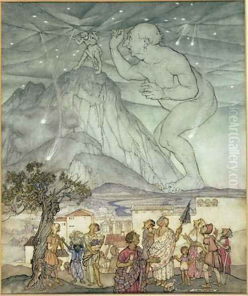 Hercules Supporting the Sky in Place of Atlas, 1922 Oil Painting by Arthur Rackham