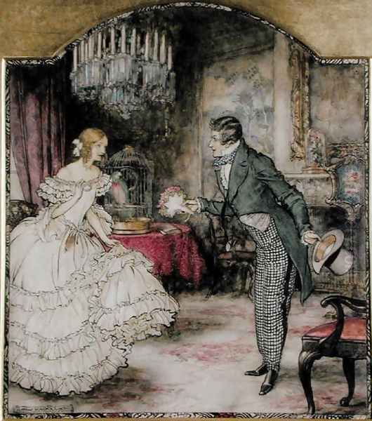 A young man presenting a bouquet to a girl standing in a drawing room Oil Painting by Arthur Rackham