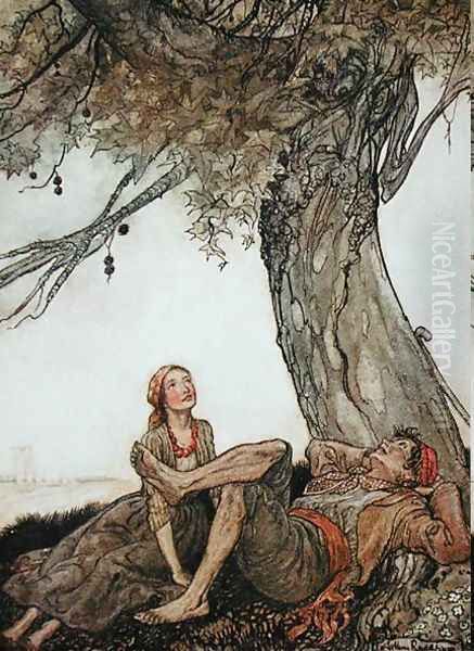 The Travellers and the Plane Tree, illustration from Aesops Fables, published by Heinemann, 1912 Oil Painting by Arthur Rackham