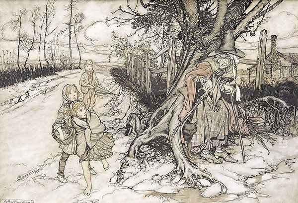 Children startled by a Witch Oil Painting by Arthur Rackham