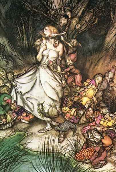 Goblin Market: White and golden Lizzie stood Oil Painting by Arthur Rackham