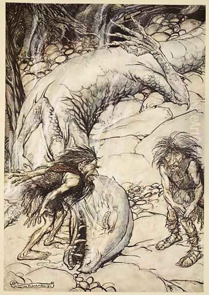 The dwarves quarrelling over the body of Fafner, illustration from Siegfried and the Twilight of the Gods, 1924 Oil Painting by Arthur Rackham