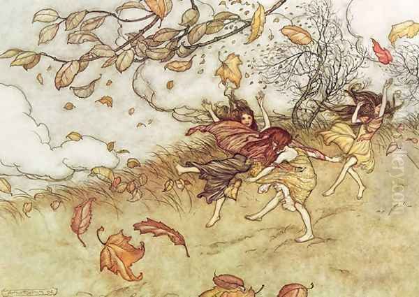 Autumn Fairies from Peter Pan in Kensington Gardens by J.M. Barrie, 1906 Oil Painting by Arthur Rackham