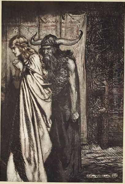 O wife betrayed I will avenge they trust deceived, illustration from Siegfried and the Twilight of the Gods, 1924 Oil Painting by Arthur Rackham