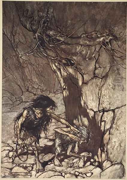 Mime howling Ohe Ohe Oh Oh, illustration from The Rhinegold and the Valkyrie, 1910 Oil Painting by Arthur Rackham