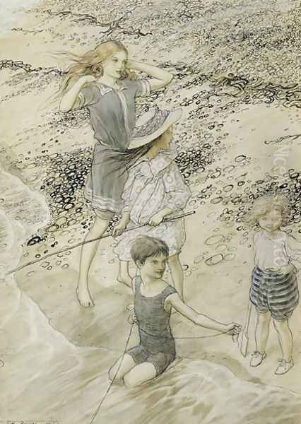 Four Children at the Seashore, 1910 Oil Painting by Arthur Rackham