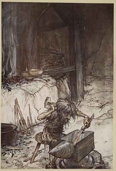 Mime at the anvil, illustration from Siegfried and the Twilight of the Gods, 1924 Oil Painting by Arthur Rackham