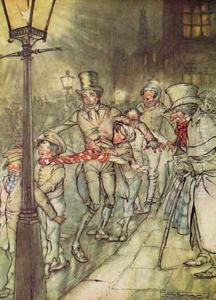 Bob Cratchit went down a slide on Cornhill, from A Christmas Carol Oil Painting by Arthur Rackham