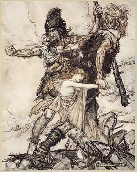 Fasolt suddenly seizes Freia and drags her to one side with Fafner, illustration from The Rhinegold and the Valkyrie, 1910 Oil Painting by Arthur Rackham