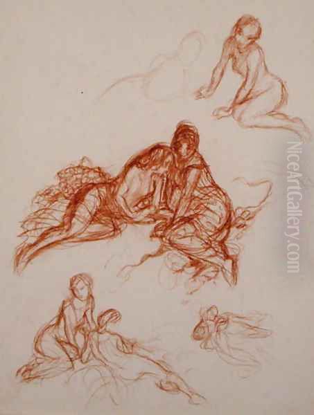 Studies of girls sitting on the grass Oil Painting by Arthur Rackham